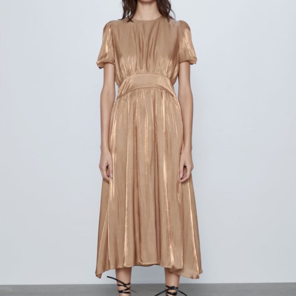 NWT ZARA Golden Puff Sleeve Midi Dress